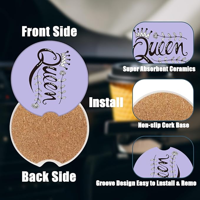 Purple Car Cup Holder Coaster - Queen Crown Absorbent Ceramic Coaster 2 Pack, Car Coasters for Cup Holders, Fashion Car Interior Accessories Drink Coaster for Women & Men