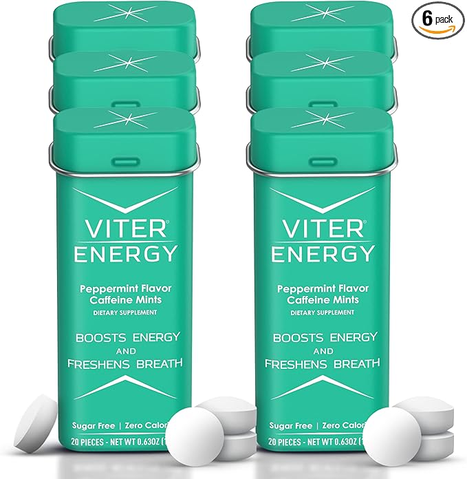Viter Energy 40mg Caffeine Mints - Sugar Free, B Vitamins, Vegan, Boosts Fast Energized Alert Focus, Caffeinated Nootropic Supplement Pills (Peppermint Flavor, 20pcs, 6 Pack, 120pcs Total)