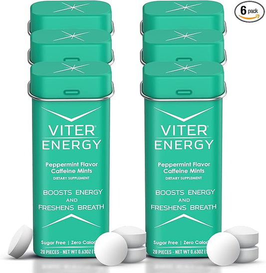 Viter Energy 40mg Caffeine Mints - Sugar Free, B Vitamins, Vegan, Boosts Fast Energized Alert Focus, Caffeinated Nootropic Supplement Pills (Peppermint Flavor, 20pcs, 6 Pack, 120pcs Total)