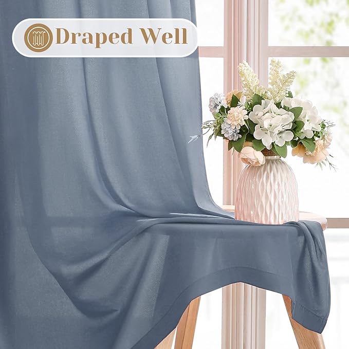 HOMEIDEAS Non-See-Through Stone Blue Privacy Sheer Curtains, 52 X 63 Inches Long 2 Panels Sheer Curtains Light Filtering Window Drapes for Bedroom Living Room