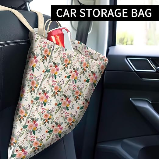 Car Trash Can, Cute Car Trash Bag, Hanging Car Organizer and Storage Bag, Trash Bin for Car Accessories, Vehicle, Travelling, Camping Cute White Floral