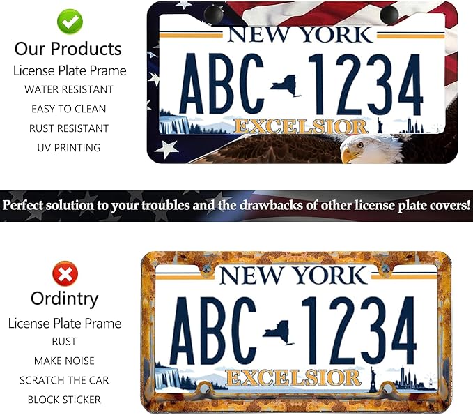 LIN KANG American Flag Eagle License Plate Frame Holder - 2 Pack Patriotic Universal Aluminum Matte Stripe US Flag Gloss Car Tag Frame Holder Accessory with Screws Fasteners Caps