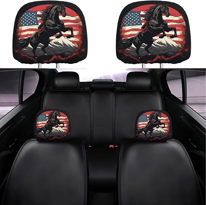Dujiea 2 Pack Horse Jumping Mountain American Flag Car Headrest Covers, Universal Soft Car Seat Head Rest Cover Protector, Vehicle Accessories Fabric Headrest Cover for Cars Vans Trucks
