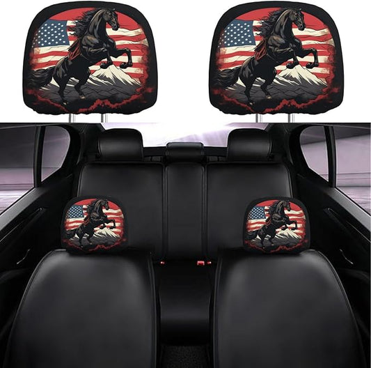 Dujiea 2 Pack Horse Jumping Mountain American Flag Car Headrest Covers, Universal Soft Car Seat Head Rest Cover Protector, Vehicle Accessories Fabric Headrest Cover for Cars Vans Trucks
