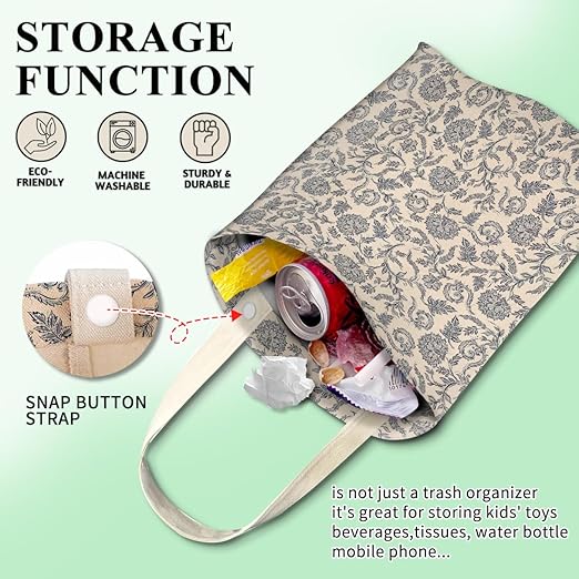 Car Trash Can, Cute Car Trash Bag, Hanging Car Organizer and Storage Bag, Trash Bin for Car Accessories, Vehicle, Travelling, Camping Retro White Flower