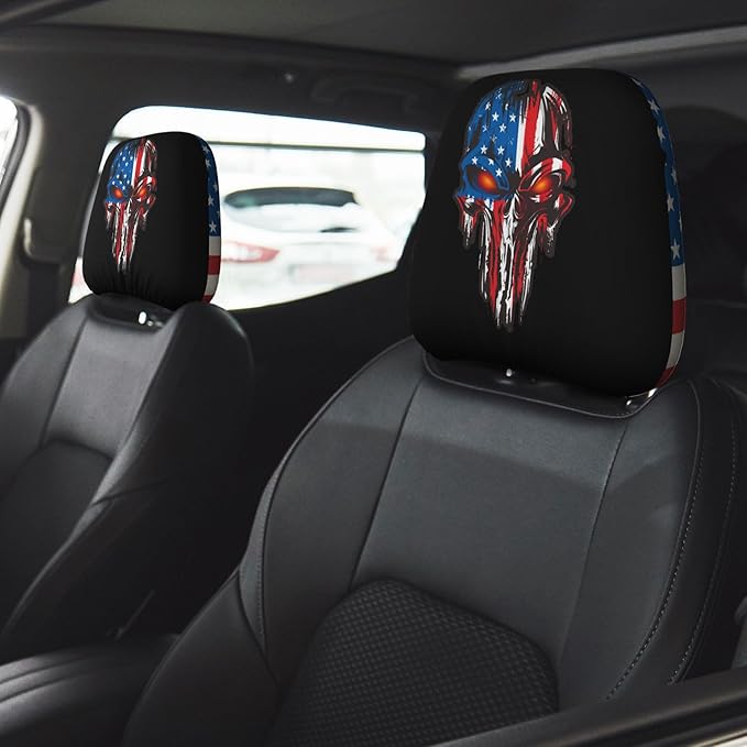 American Flag Skull Car Headrest Covers 2 Pack – Double-Sided Patriotic Skull & USA Flag Design – Universal Fit Stretch Seat Headrest Protector for Cars, SUVs, Trucks