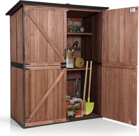 Aivituvin Storage Shed Outdoor Storage Cabinet Upgraded with All Arounded Metal Frame, Wooden Floor and Adjustable Shevels 55" L x 29" W x 67" H, Dark Brown