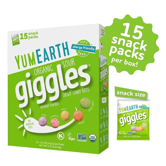 YumEarth Organic Sour Giggles Chewy Candy – Allergy Friendly, No Artificial Dyes, Non GMO, Gluten Free, Sour Fruit Flavored, Vegan Candy Snacks with No Artificial Flavors, 0.5 ounce (Box of 15)