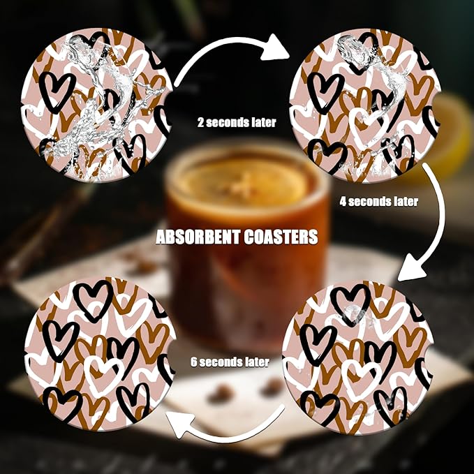 Car Cup Holder Coaster - Love Absorbent Ceramic Coaster 2 Pack, Car Coasters for Cup Holders, Fashion Car Interior Accessories Drink Coaster for Women & Men
