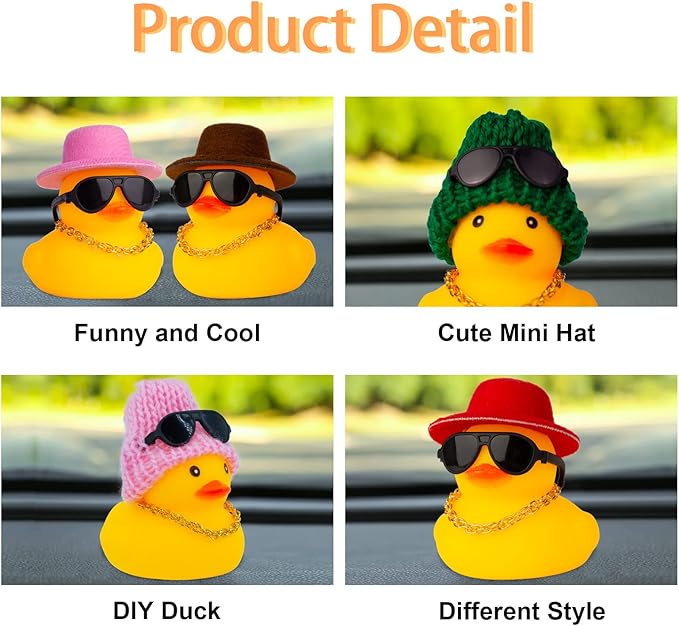 Car Rubber Duck,Yellow Duck Car Dashboard Decorations Accessories with Mini Beanie Hat Necklace and Sunglasses(W2)