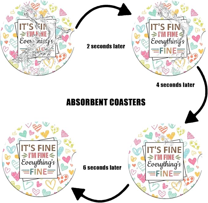 I'm Fine Car Cup Holder Coaster - Colorful Heart Absorbent Ceramic Coaster, Car Coasters for Cup Holders, Auto Accessories for Women & Men, Pack of 2