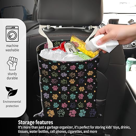 Car Garbage Can, Seat Back Hanging Cute Car Trash Can Bag, Car Organizer and Storage Bag for Travelling, Outdoor Cute Colorful Doodle Paw