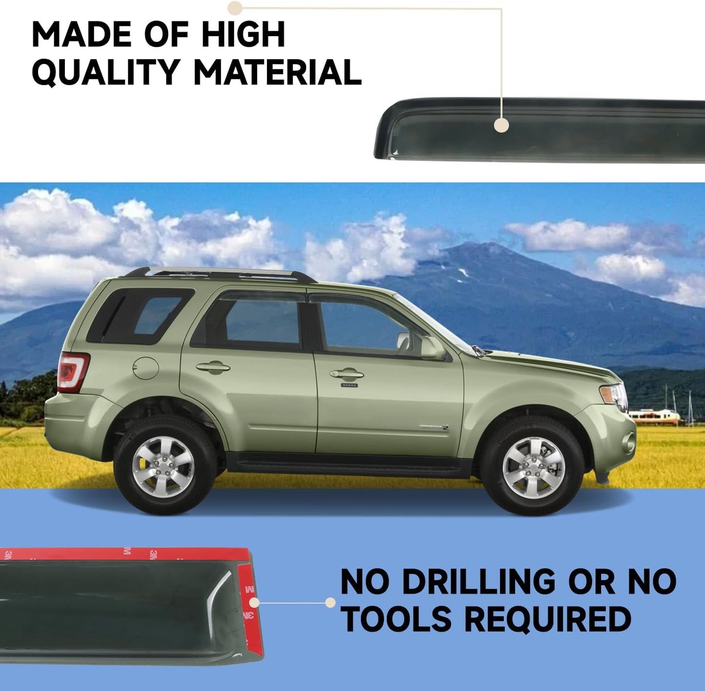 Window Visor Rain Guard Compatible with 2001-2012 Ford Escape, Fit for 2008-2011 Mazda Trubute, Fit for 2005-2011 Mercury Mariner, Tape-On Side Vent Window Deflector