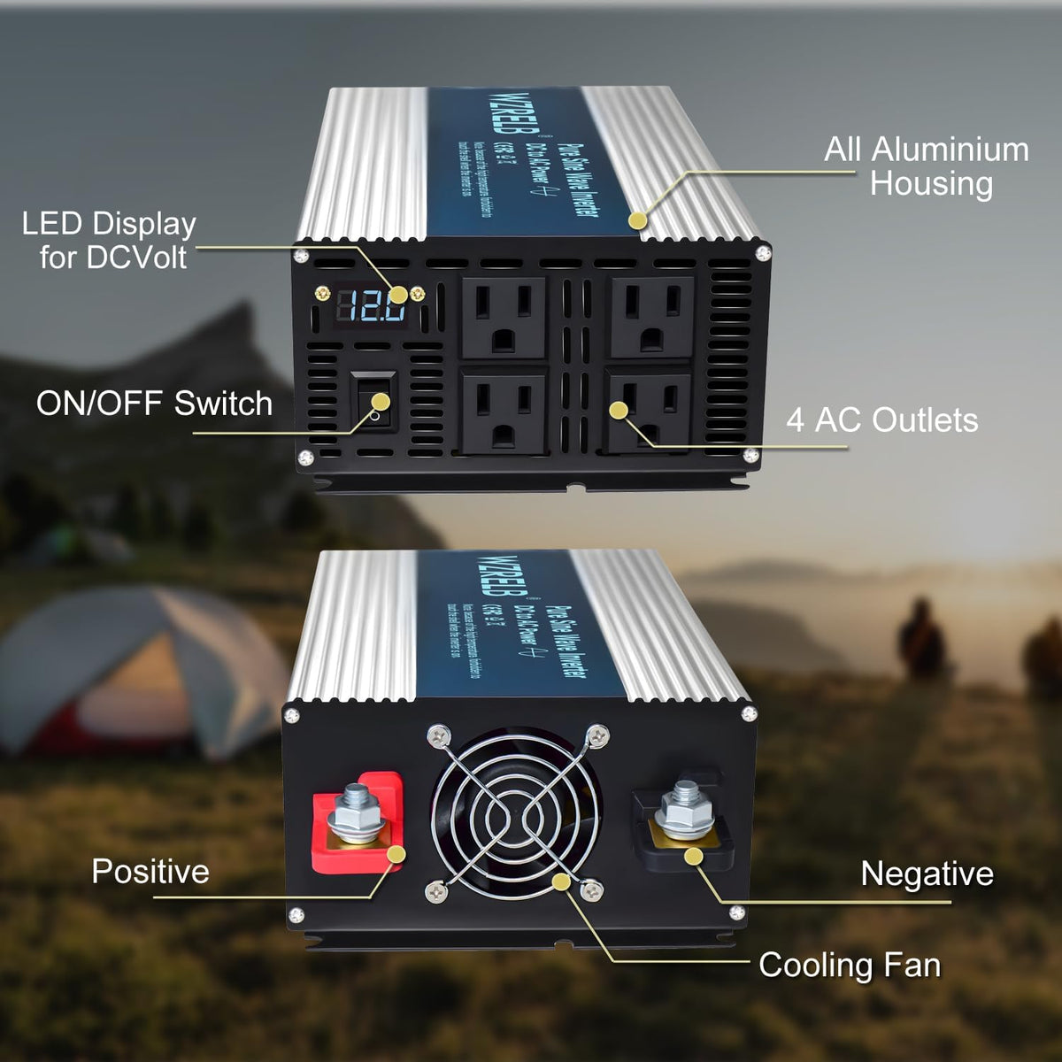 WZRELB 2000W Pure Sine Wave Inverter 48V DC to 110V 120V AC, Car Power Inverter with 4 AC Outlets, LED Display,Off-Grid Portable Power Converter for Home, RV, Truck, Camping
