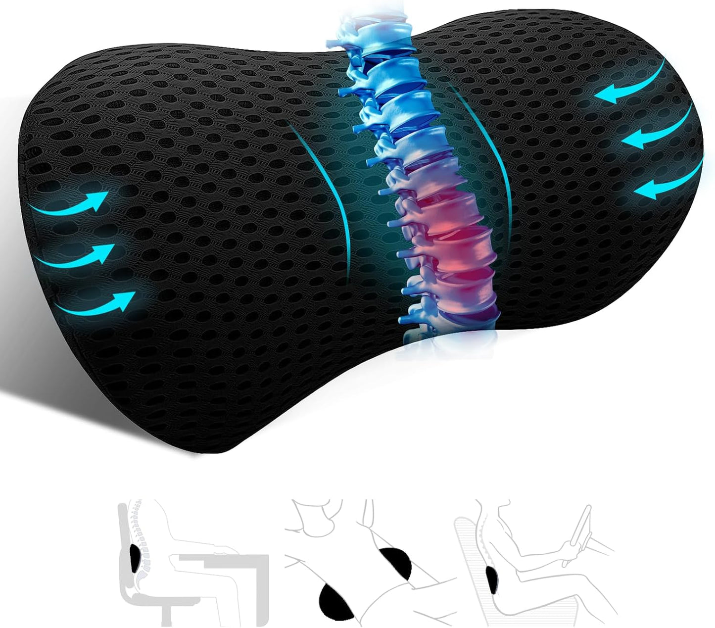Lumbar Support Pillow Ergonomic Memory Foam Lumbar Pillow, Relieve Back Pain, CMFY Breathable & Detachable & Washable, Neo Cushion Lower Back Pillow for Office Chairs, Car Seats (Black)