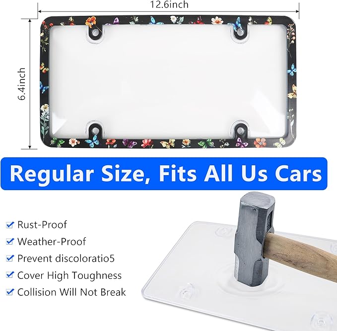 2pcs License Plate Protector Unbreakable License Plate Frames and Covers Set Front and Rear Clear License Plate Cover Butterfly Flowers License Plate Frames Fits Standard Us Plates with Screws Caps