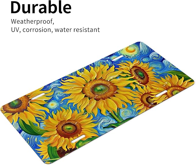 Front License Plate Sunflower Art Vanity Plates Aluminum Metal Decorative Car Tag Novelty License Plate Cover for Men Women ‎6 * 12 in (4 Holes)