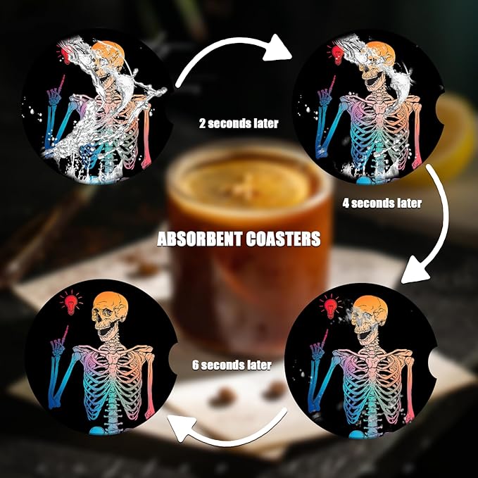 Car Cup Holder Coaster - Colorful Funny Skull Absorbent Ceramic Coaster 2 Pack, Car Coasters for Cup Holders, Fashion Car Interior Accessories Drink Coaster for Women & Men