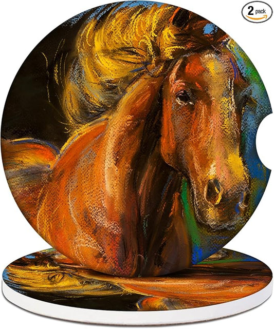 Car Cup Holder Coaster - Watercolor Horse Absorbent Ceramic Coaster 2 Pack, Car Coasters for Cup Holders, Fashion Car Interior Accessories Drink Coaster for Women & Men
