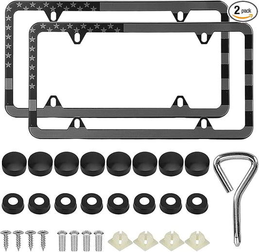 American Flag License Plate Frames, 2 Pack Black Patriotic USA Car Plate Frame, Aluminum License Plate Holder with Free Screws Fasteners Caps and Tool