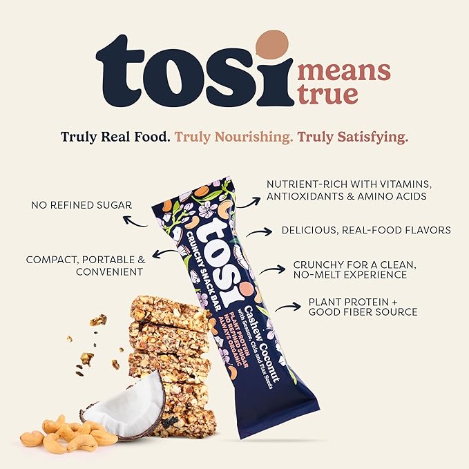 Tosi Cashew Coconut Protein Bars - Crunchy Nut & Seed Vegan Snack Bars, Gluten Free, 6g Plant Based Protein, Organic Flax, Chia, Sesame Seeds, Omega 3s, Low in Sugar, Dairy Free, No Soy - 1 oz 12-Pack