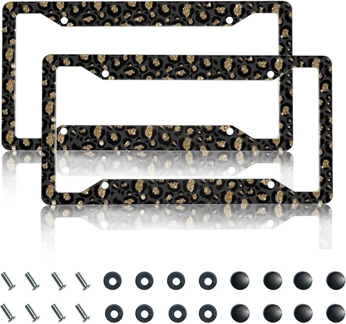 License Plate Frame 2 Pack Front Rear Aluminum Metal Rust-Proof Universal Car Tag Frames Holder with 4 Holes Car Decor Accessory with Screws for Men Women - Black Gold Leopard