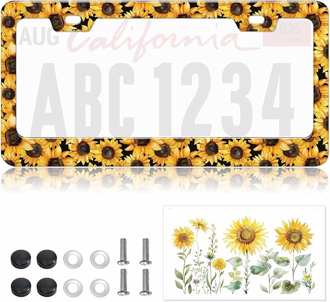 1pcs Yellow Sunflower License Plate Frame for Women, Flower Flora Car Tag Frames Girly for Vehicle with Non Adhesive Electrostatic Sticker