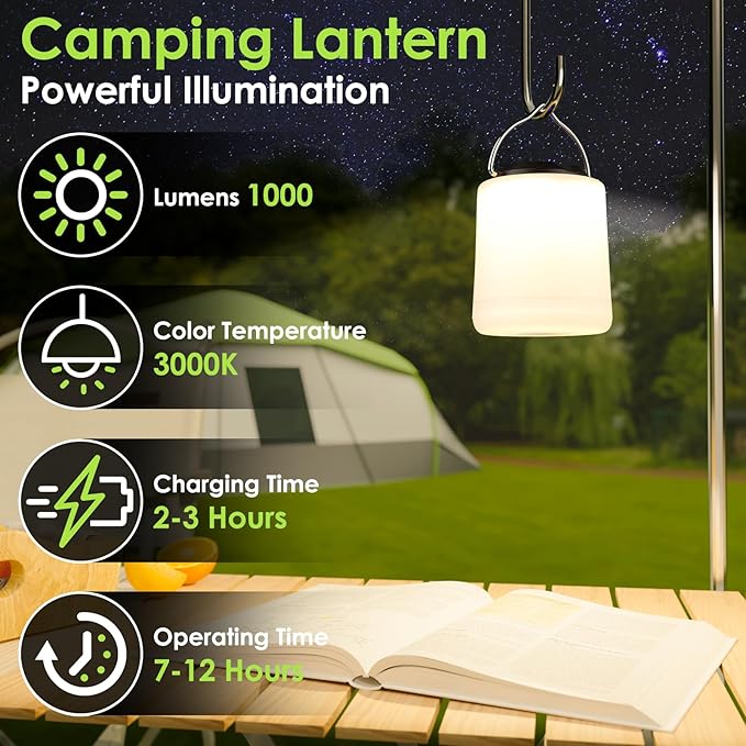 LED Camping Lantern, Rechargeable Camping Light, 4 Modes Outdoor Flashlights Lanterns with 1000LM, Water Resistant Portable Emergency Camp Light for Hurricane Hiking Survival Kits - Black