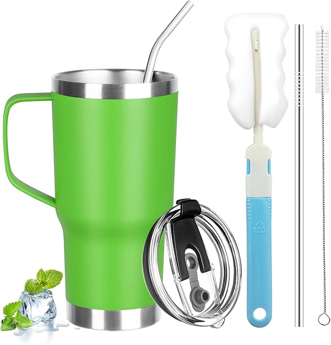 20 oz Tumbler with Handle, Stainless Steel Insulated Tumbler with Lid and Straw, Double Wall Vacuum Insulated Coffee Mug Tumbler, Insulated Coffee Thermal Cup for Cold and Hot (Bright Green)