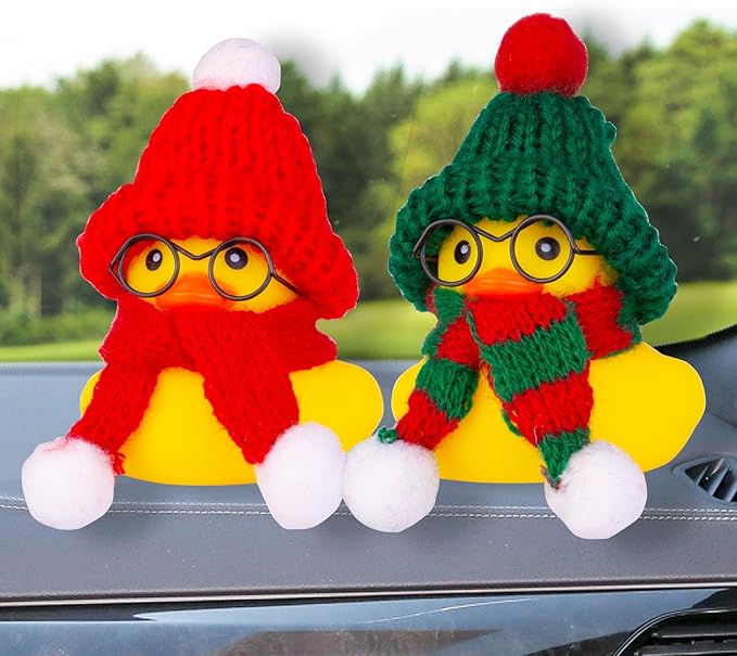 Car Rubber Duck Ornament Winter Duck Car Dashboard Decoration Accessories with Mini Beanie Hat Sunglasses Necklace or Bow(E4)