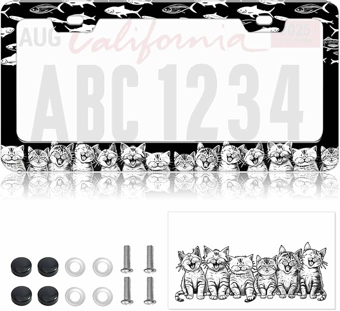 1pcs Black White Cat Fish Plate Frame for Women, Kitten Fish car tag Frames Girly for Vehicle with Non Adhesive Electrostatic Sticker