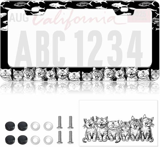 1pcs Black White Cat Fish Plate Frame for Women, Kitten Fish car tag Frames Girly for Vehicle with Non Adhesive Electrostatic Sticker