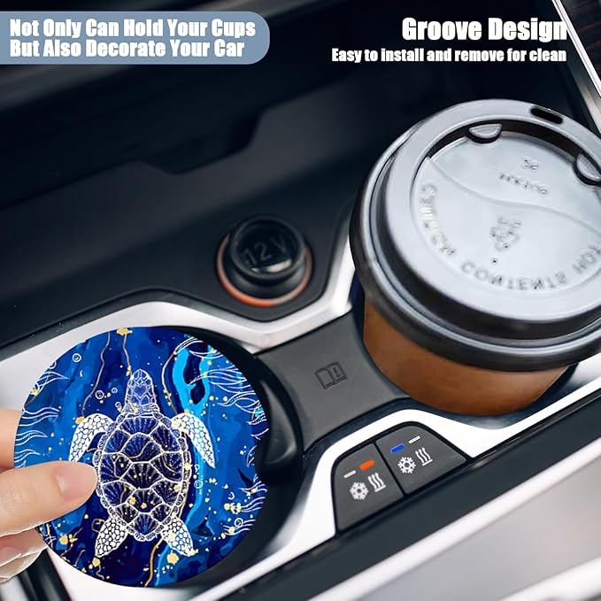 Sea Turtle Car Cup Holder Coaster - Blue Marble Absorbent Ceramic Coaster, Car Coasters for Cup Holders, Auto Accessories for Women & Men, Pack of 2