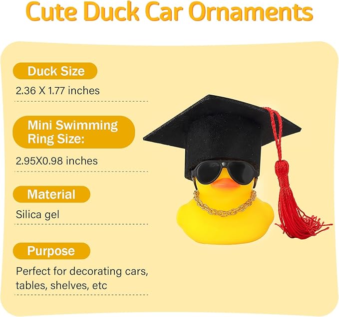wonuu Car Dashboard Decor Graduation Hat Rubber Duck, Car Ducks Ornaments with Mini Hat Necklace Sunglasses Scarf (Red)