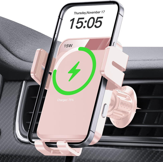 MOKPR Wireless Car Charger, Auto-Clamping Car Mount 15W/10W/7.5W Fast Charging Air Vent Car Phone Mount Compatible with iPhone 15/14/13/13 Pro/12 Pro Max/12 pro/12/11/10 Series, Samsung Galaxy Pink