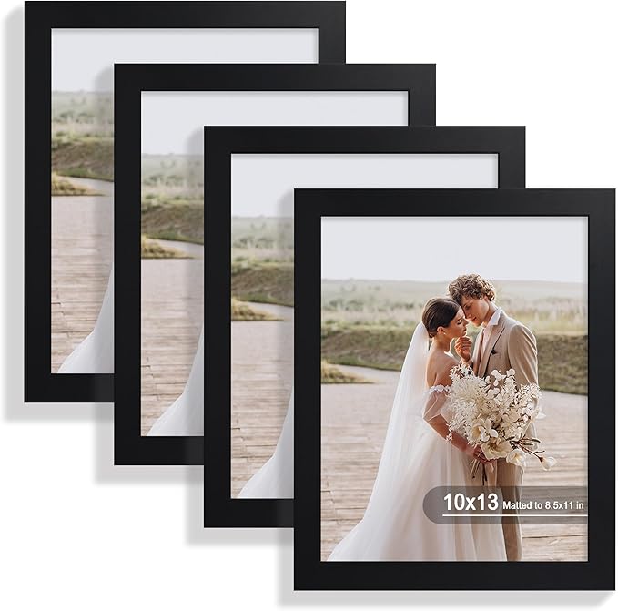 10x13 Picture Frame Set of 4, Made of Real Glass and Black Frame, 10 by 13 Photo for Wall or Tabletop - Display Picture 8.5x11 with Mat or 10x13 Without Mat