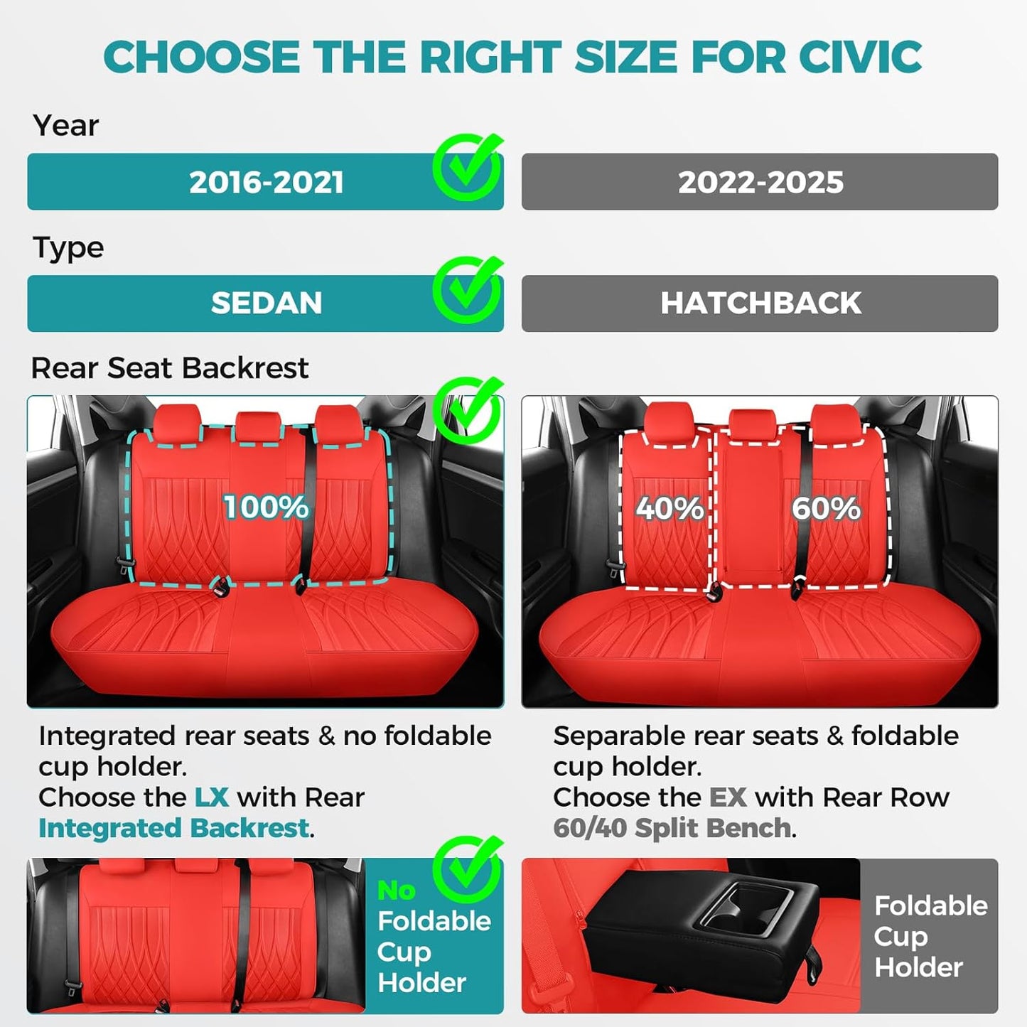 Seat Covers for Honda Civic Sedan LX 2016 2017 2018 2019 2020 2021, Faux Leather Car Seats Cover Full Set (Rear Row Solid & No Folding Backrest)-RED