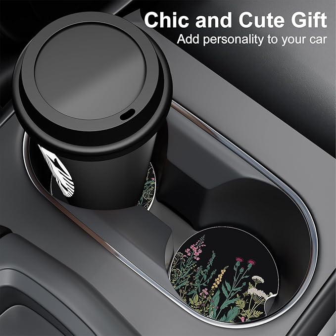 Car Cup Holder Coaster, Car Coasters for Cup Holders, 4 Pack Universal Anti Slip Insert Absorbent Ceramic Auto Interior Accessories with A Finger Notch & Cork Base, Dandelion