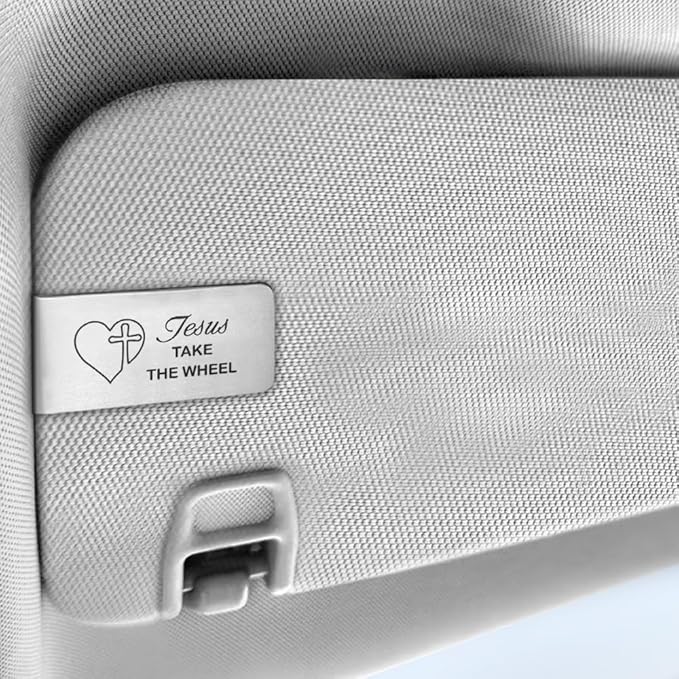 Jesus Take The Wheel Funny Religious Engraved Stainless Steel Car Visor Clip, Christian Gifts for Family Friend Driver, Travels Visor Car Accessories, Driving Safety Prayer Religious Gifts