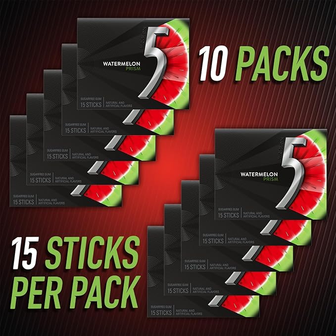 5 GUM Watermelon Prism Sugar Free Chewing Gum Bulk, 15 Stick Box (10 Pack)