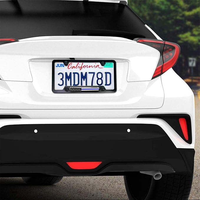 Aootf Police Thin Blue Line License Plate Frames- 2 Pack American Flag Matte Black Aluminum Patriotic Car Tag Cover Holder with Mount Screw Caps, Car Accessories for Officers Men Law Enforcement