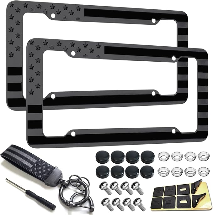 American Flag License Plate Frame 2 Pack - Patriotic USA 3D Embossed Stars and Stripes Design, Black Plastic Car Tag Holder with Keychain & Screws