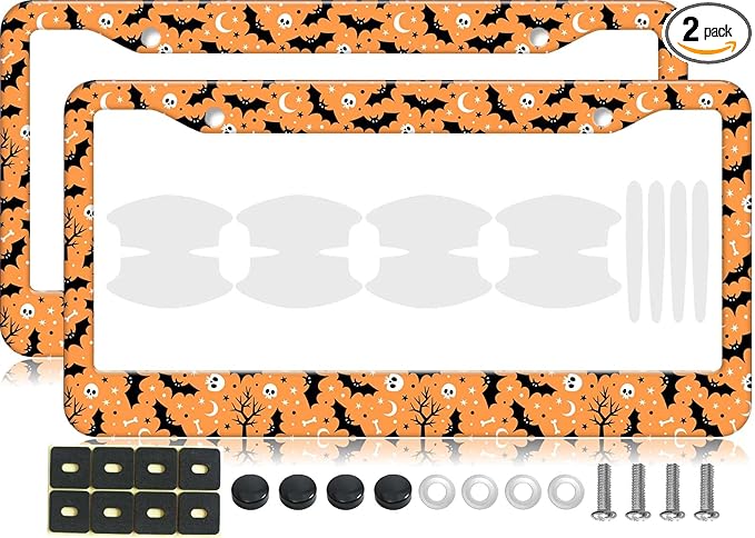 2PCS Halloween Orange Bat Pattern License Plate Frames for Men Women - Universal Aluminum Stainless Steel Personalized Car Tag Covers Holder with Screws, Caps, Rattle Proof Pads and Handlebar Stickers