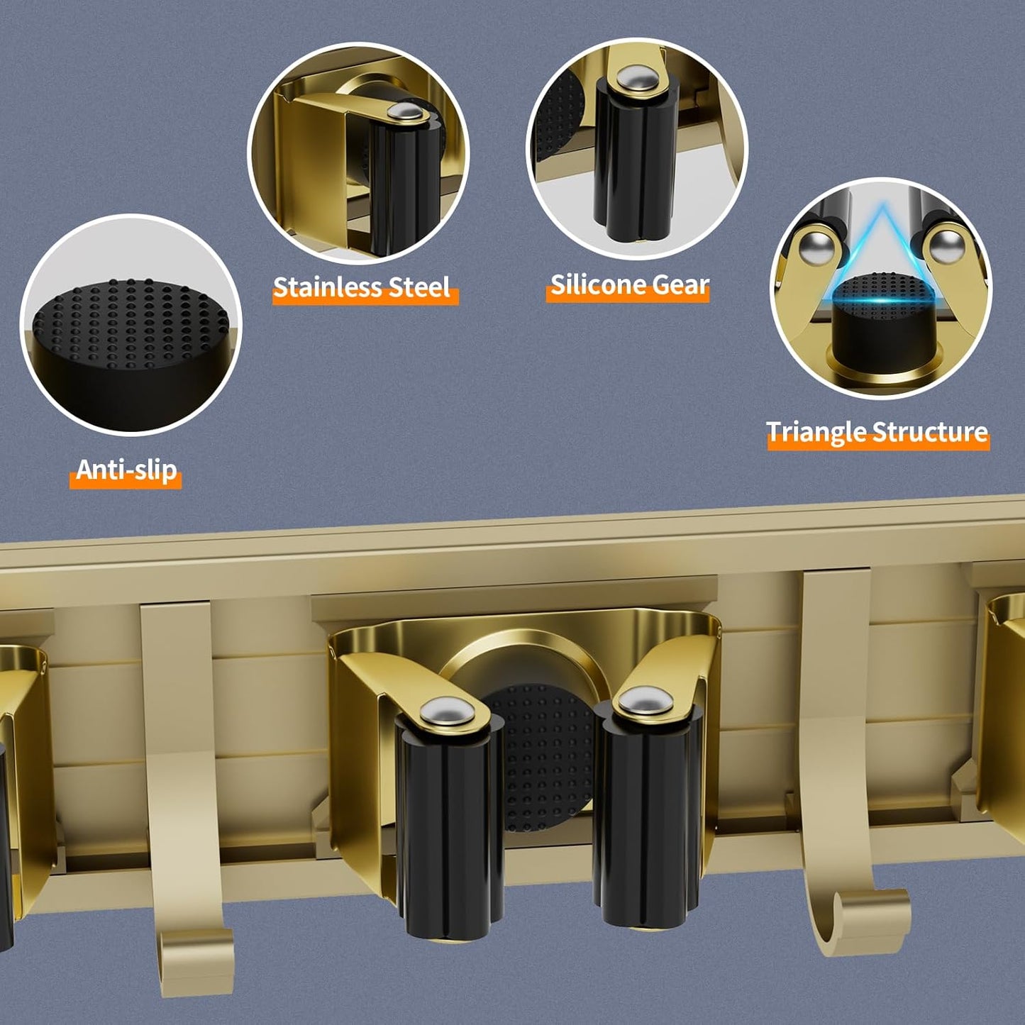 Broom Holder Wall Mount Mop and Broom Hanger Wall Mounted Garage Storage Rack Kitchen Garden Tool Organizer (5 Racks with 4 Hooks, Bronze)