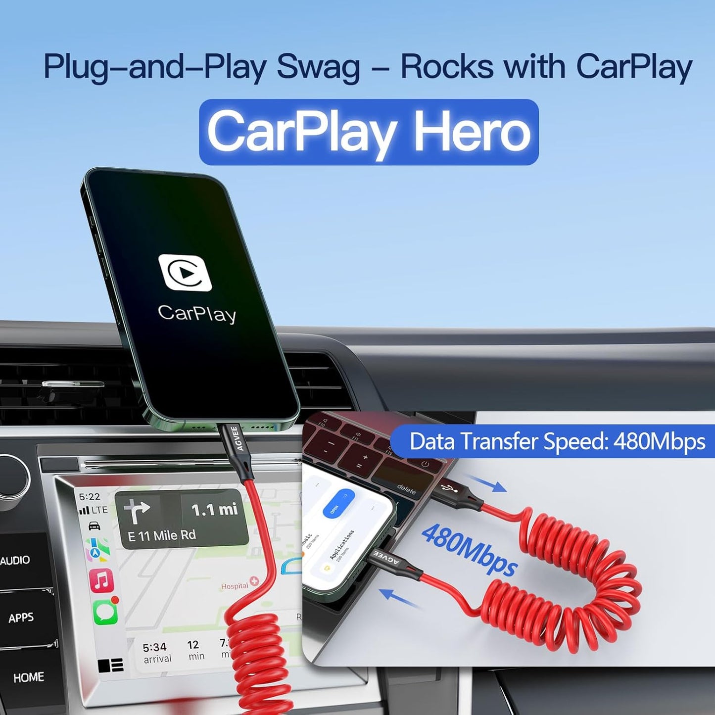 AGVEE 2 Pack 5ft Coiled Short USB to Lightning Charging Cable [MFI Certified] 3A Fast Charger Cord in Car for iPhone 14/13/12/11/XS/8/7/6/5 CarPlay, iPad, iPod, Red