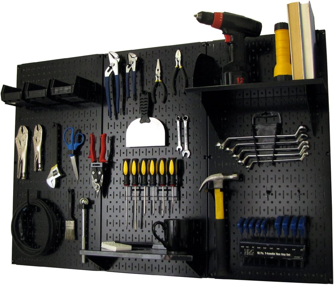 Wall Control Metal Pegboard Organizer 4ft Standard Storage Kit with Tool Board & B Slotted Storage Panel Deluxe Black Hooks