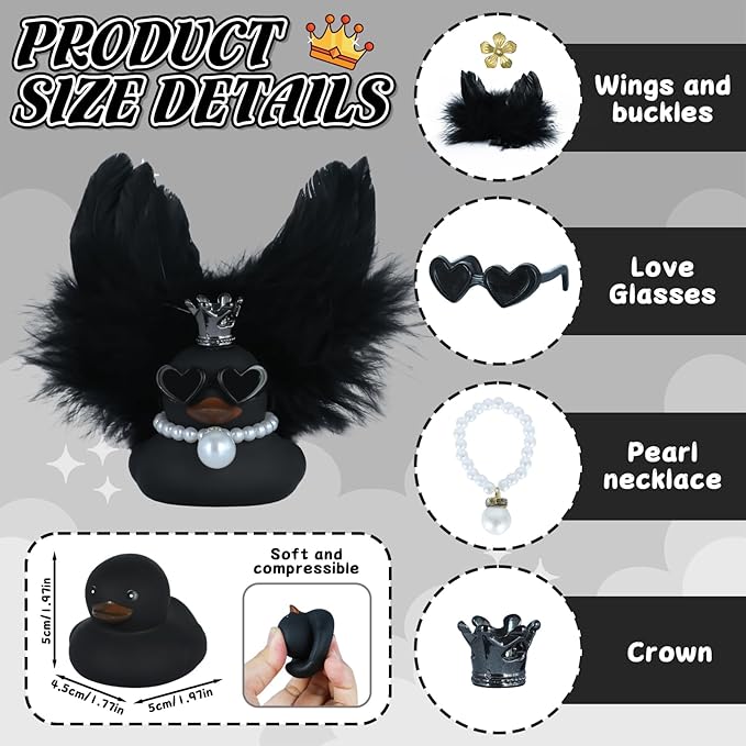 BOZILY Cool Car Rubber Duck, Car Dashboard Decoration, with Crown, Sunglasses, Black Feather Wings & Necklace, Home Ornament, Car Owner