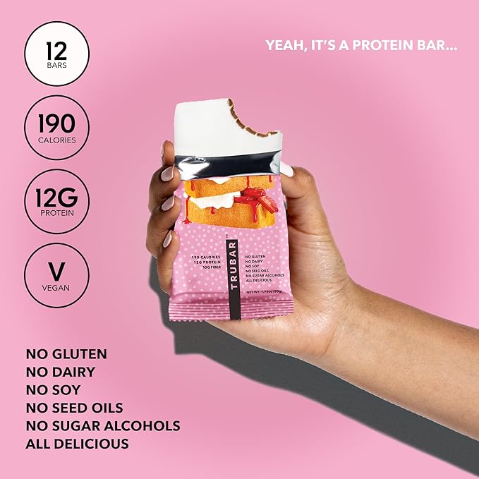 TRUBAR Vegan Protein Bar, Strawberry Shorty Got Cake, Gluten Free, Plant Based Protein, Dairy Free, Non GMO, Soy Free, No Sugar Alcohols, 12G Protein, 12G Fiber, 23G Carb, On the Go Snack Bars, 12 CT