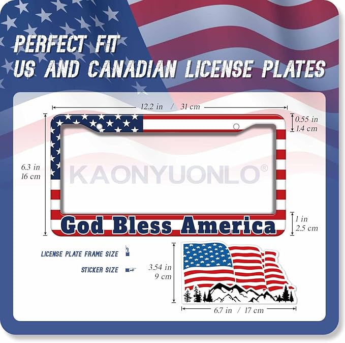 1PCS God Bless America & American Flag License Plate Frame Holder - USA Stars and Stripes Auto Universal Aluminum Matte Car Tag Holder Covers with Sticker & Screws for Men
