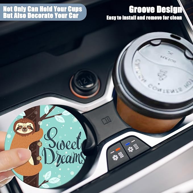 Car Cup Holder Coaster - Cute Baby Sloth Absorbent Ceramic Coaster 2 Pack, Car Coasters for Cup Holders, Fashion Car Interior Accessories Drink Coaster for Women & Men